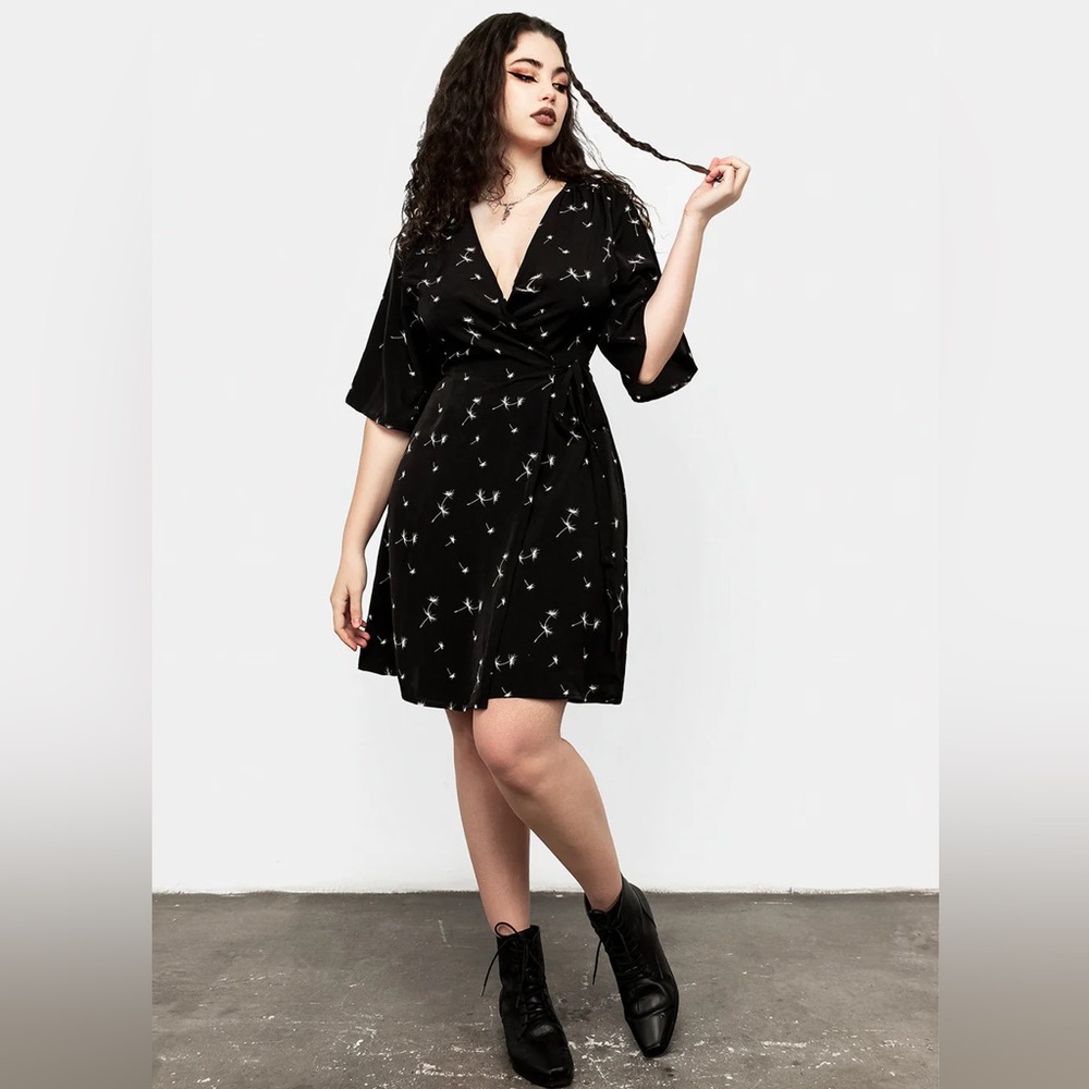 Wrap Mini Dress in Black with Subtle White Print